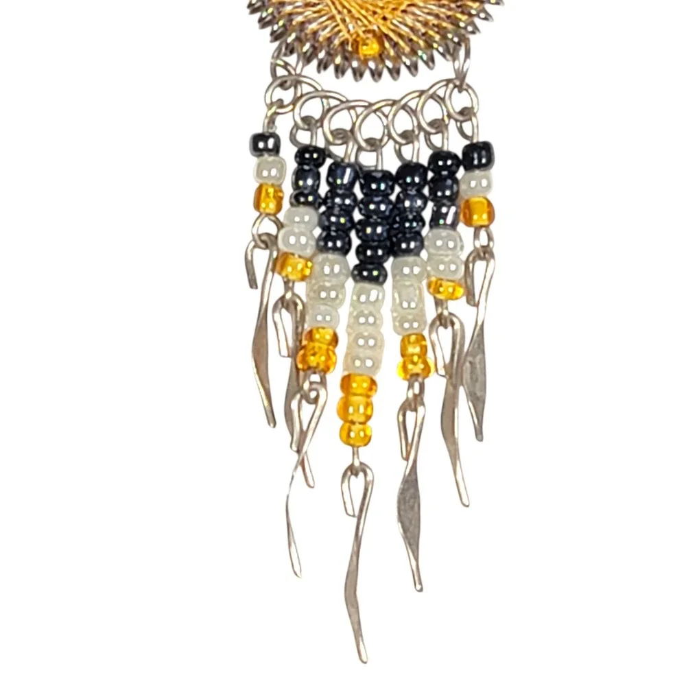 VTG 90s Wire Wrapped String Art Dreamcatcher Earrings Dangle Yellow Black‎ Boho
